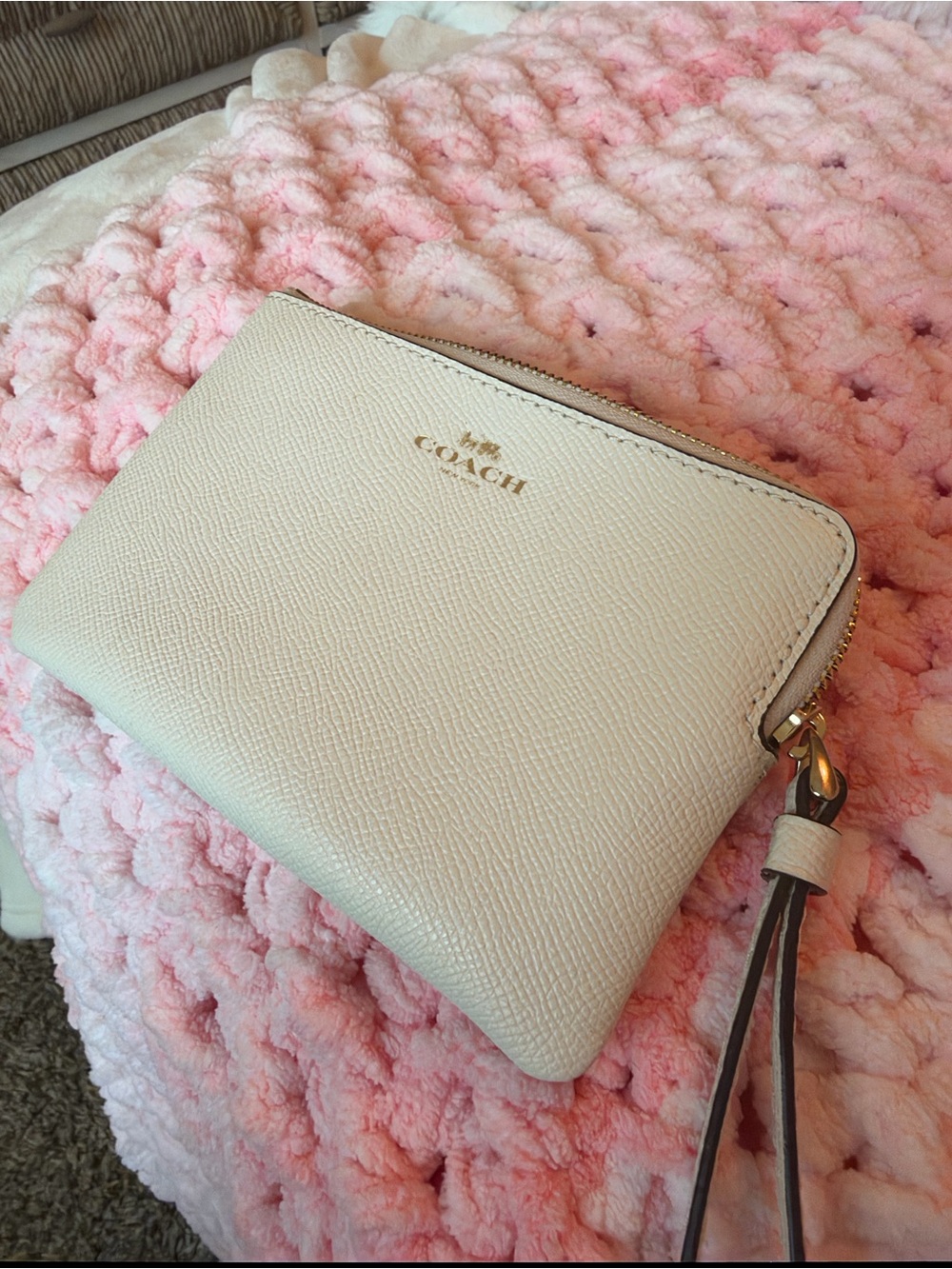 Coach Cream Pebbled Leather Zip Wristlet with Gold Accent